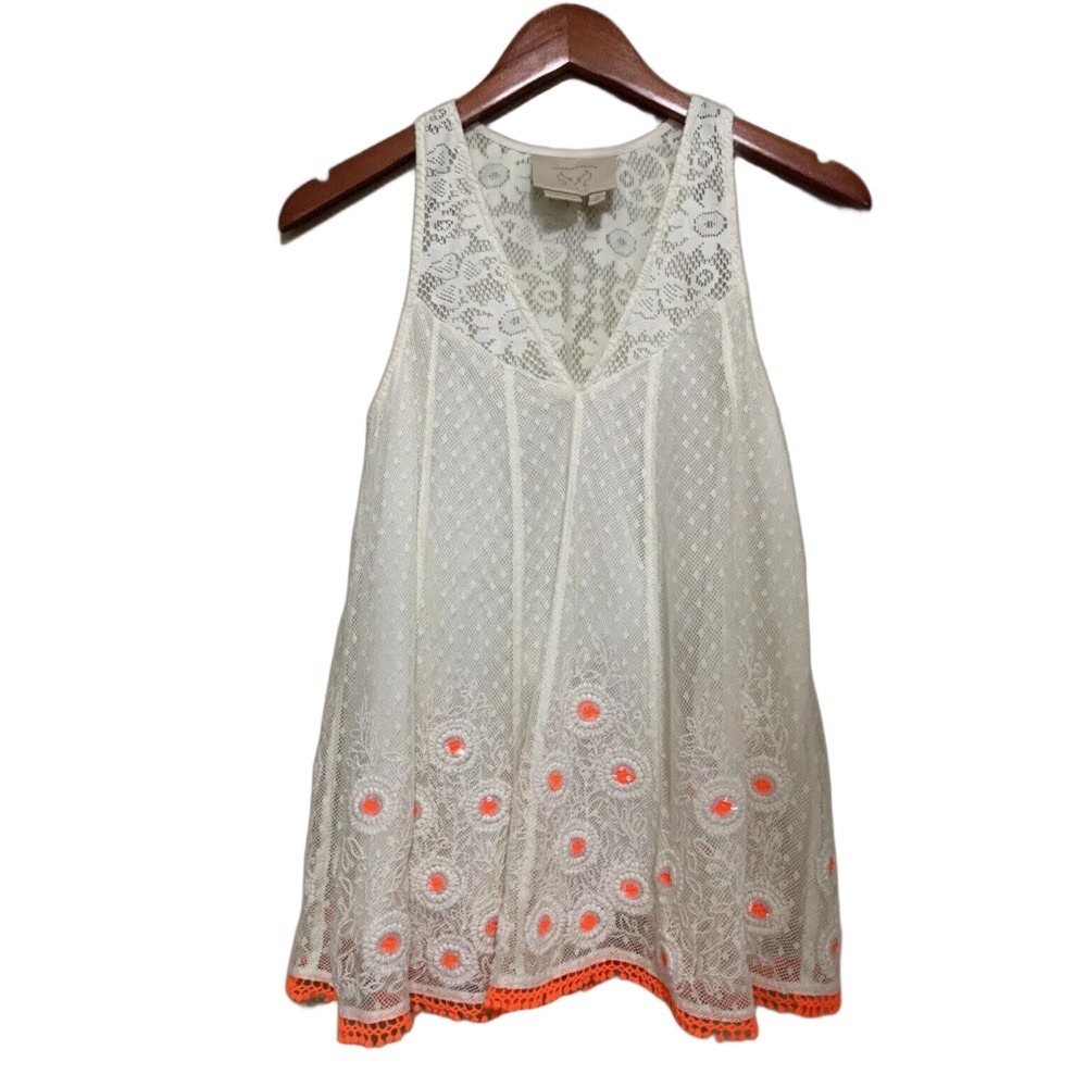 Vanessa Virginia Lace Tunic Top Womens 2 Cream Neon Orange Sequin Anthropologie